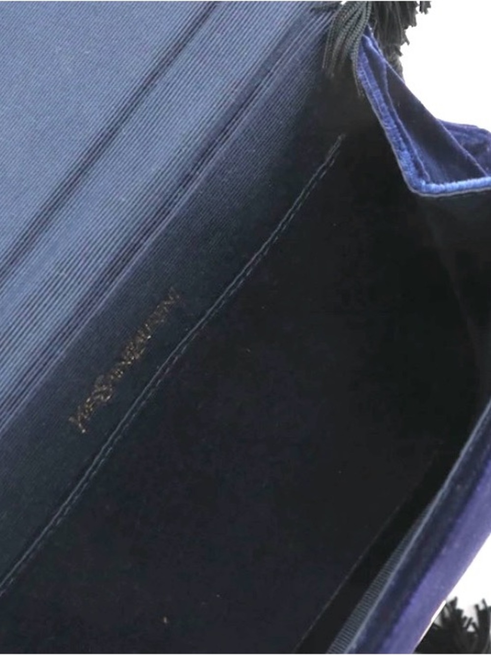 Yves Saint Laurent Blue Velvet Flap Bag with Black Tassels and Cord Strap - Picture 9 of 10